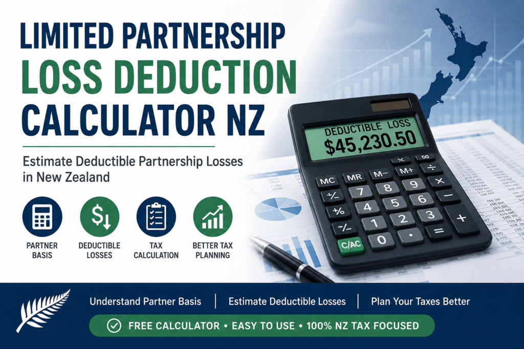 Limited Partnership Loss Deduction Calculator NZ showing estimated partner basis, deductible partnership losses and suspended loss calculations.