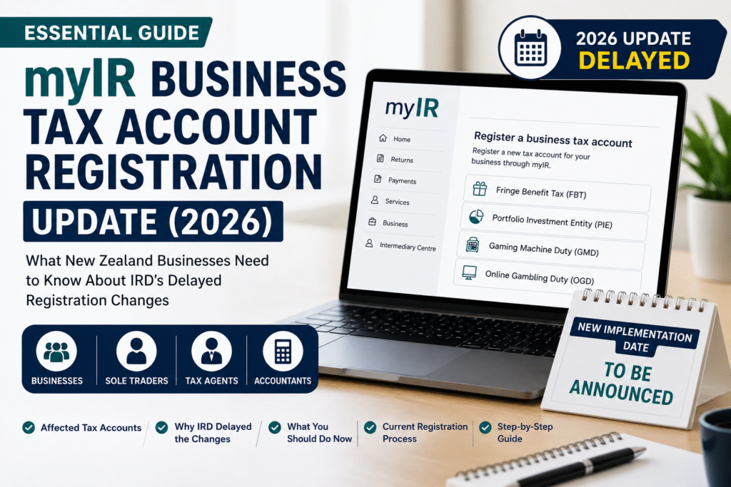 myIR Business Tax Account Registration update explaining Inland Revenue's delayed 2026 registration changes and what New Zealand businesses need to know.