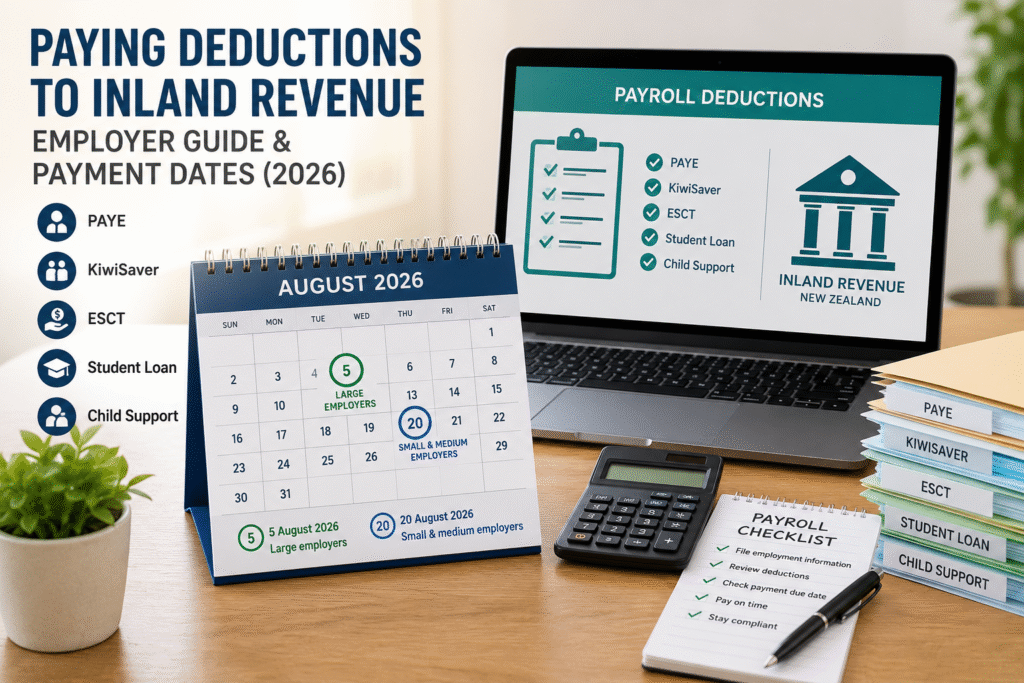 Paying Deductions to Inland Revenue in New Zealand showing payroll payment dates, PAYE, KiwiSaver, ESCT, and employer payroll compliance for 2026.