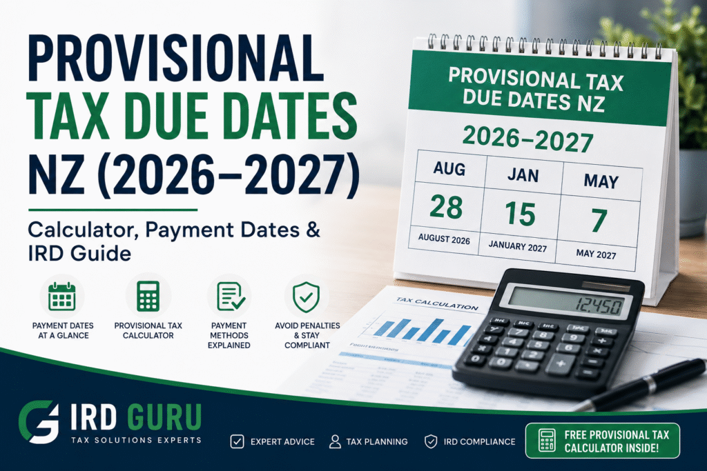 Provisional Tax Due Dates NZ 2026–2027 showing Inland Revenue payment dates, provisional tax calculator, Standard, Estimation, Ratio, and AIM payment methods for New Zealand businesses.