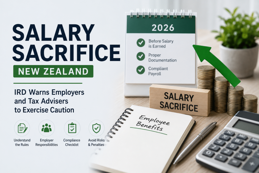 Salary Sacrifice NZ guide highlighting Inland Revenue's 2026 warning for employers and tax advisers about compliant salary sacrifice arrangements, PAYE obligations, and payroll compliance.