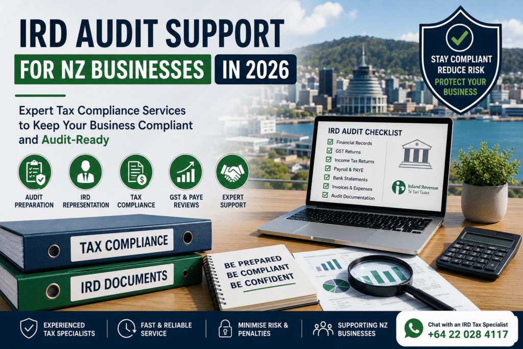 Tax compliance services and IRD audit support for New Zealand businesses including Inland Revenue reviews, GST compliance, audit preparation, and tax representation.