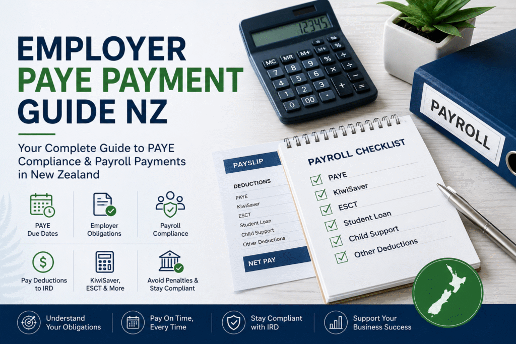 Employer PAYE Payment Guide NZ explaining PAYE payments, payroll deductions, KiwiSaver, ESCT, and Inland Revenue compliance for New Zealand employers.