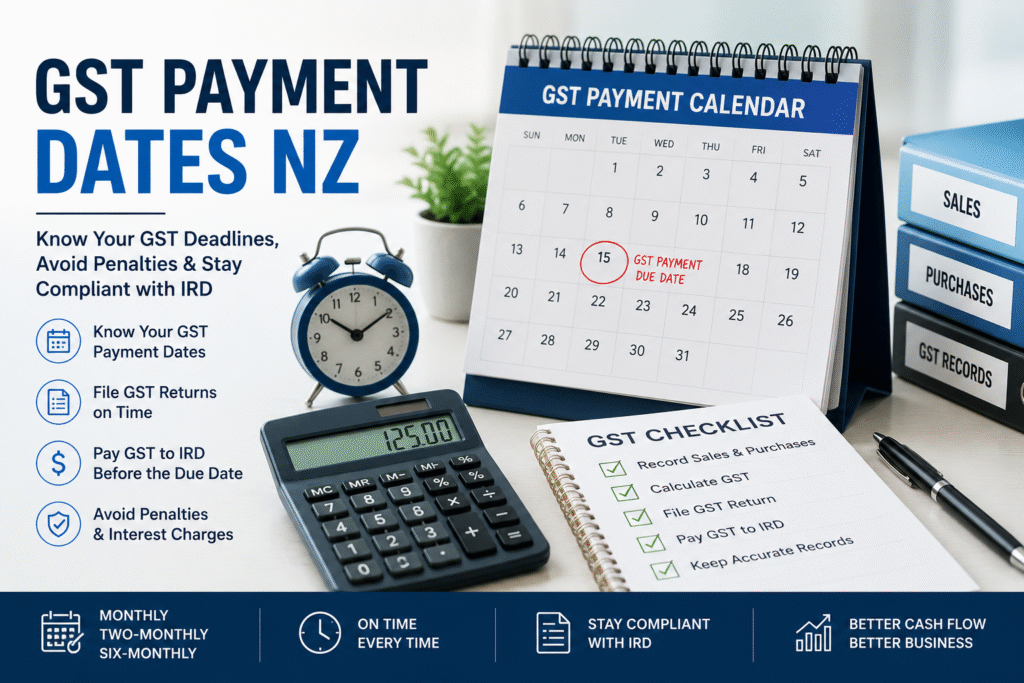 GST Payment Dates NZ guide explaining GST filing deadlines, GST payment due dates, Inland Revenue compliance, and GST return requirements for New Zealand businesses.