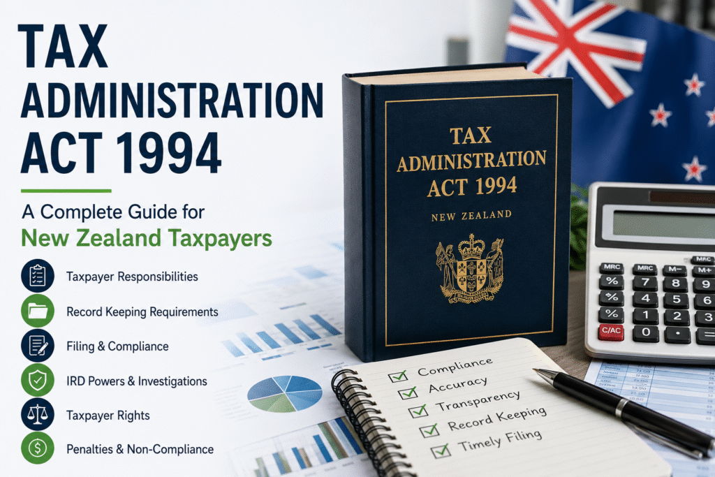 Tax Administration Act 1994 guide explaining Inland Revenue powers, taxpayer obligations, tax compliance, audits, and record-keeping requirements in New Zealand.